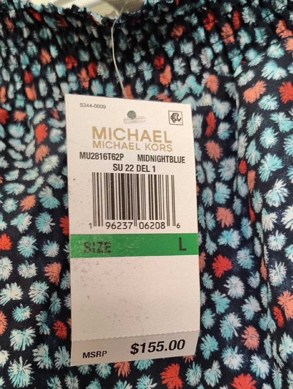 Michael Kors Navy Floral Smocked Waist Long Sleeve Dress